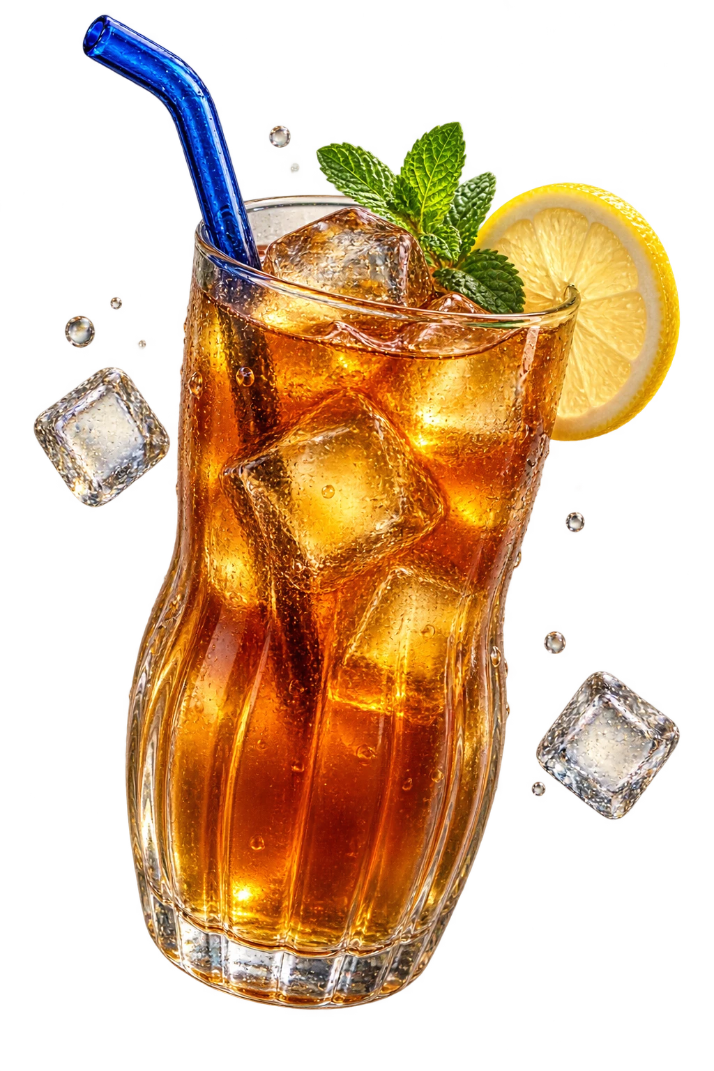 A floating glass of amber iced tea with crystal ice, mint, lemon, and a blue straw